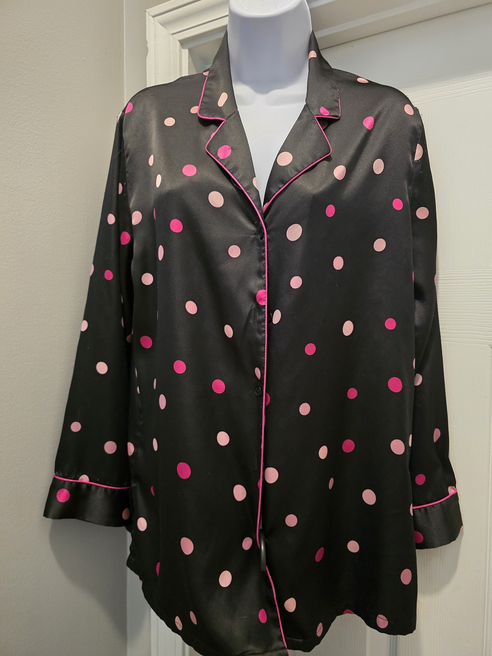 Victoria's Secret Black Satin Top with Pink Polka Dot Accents